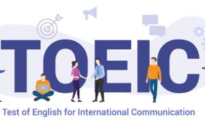 toeic test of english for international communication concept with big word or text and team people with modern flat style - vector